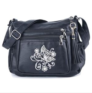 Crossbody Shoulder Bag Soft PU Leather Multi Poskets Black